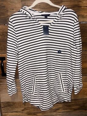 Lands' End Navy & White Striped Hooded Top